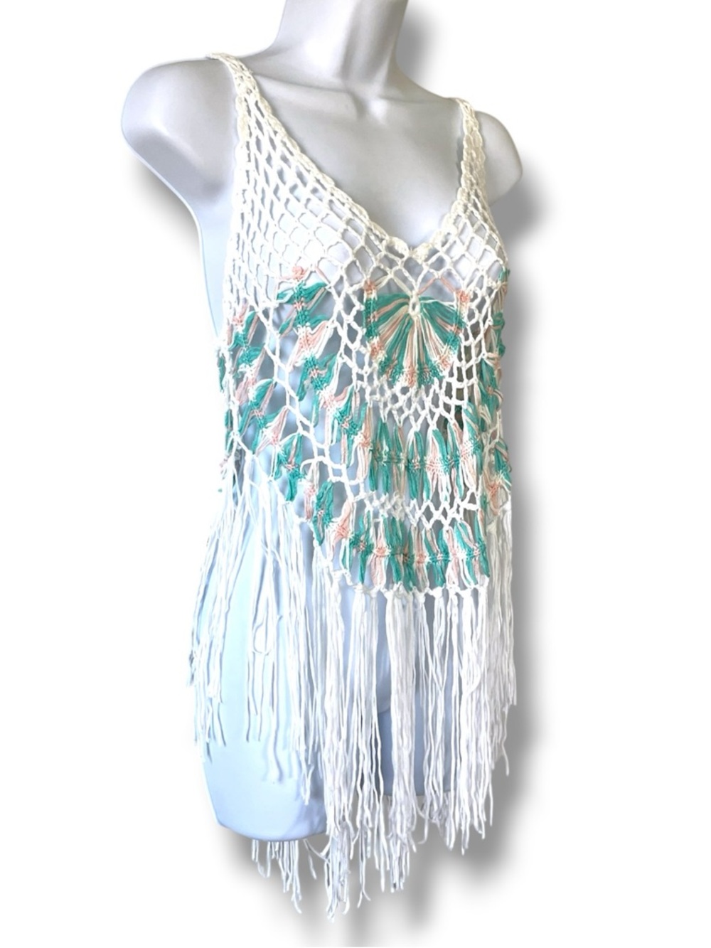 Boho Crochet Fringe Tank Top White Festival Cover Up Knit Tassel Crop Top Tank